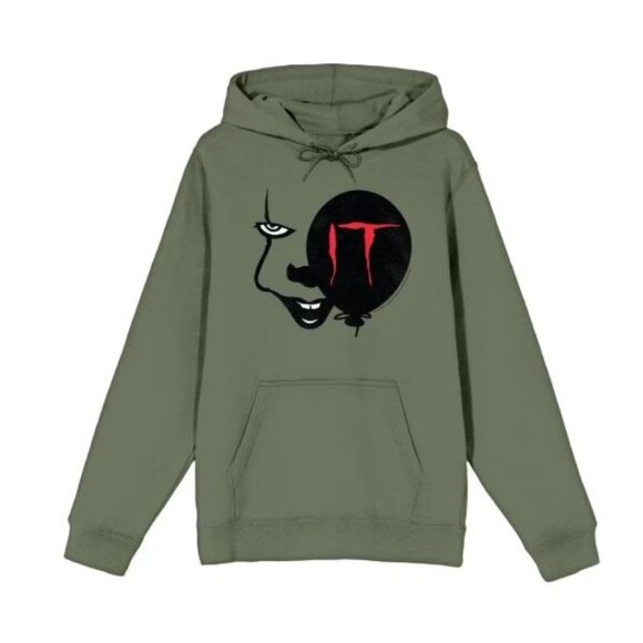 It Chapter 2 Enlarged Pennywise Face Size XL Long Sleeve Hoodie Olive Green NWT - Picture 1 of 9